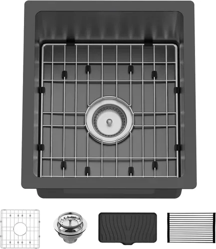 Fregadero de cocina y bar negro de 15 x 17 pulgadas, fregadero de acero inoxidable con rejilla SS, alfombrilla de silicona, colador, colador de