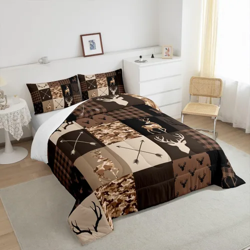 Miniatura 201 de Juego de edredón de cuernos de ciervo tamaño individual, juego de ropa de cama rústica de granja con huellas de oso y pinos para decoración