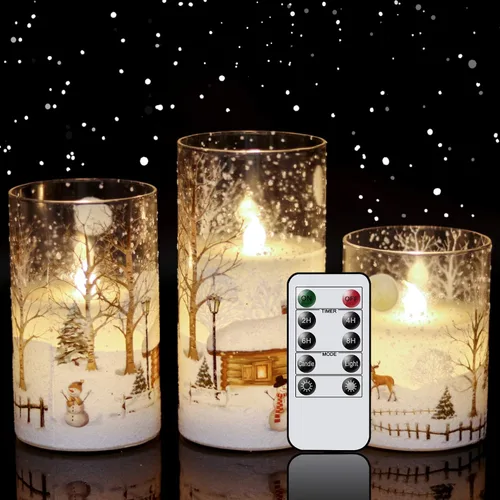 Miniatura 11 de Eldnacele Vela de cristal sin llama de Papá Noel con temporizador remoto, funciona con pilas, velas LED parpadeantes, paquete de 3 velas de Navidad