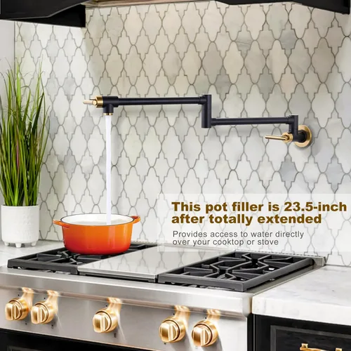 Miniatura 3 de WOWOW Grifo Llenador de Ollas Negro Dorado, Grifo Llenador de Ollas de Latón Macizo Montaje en Pared para Estufa de Cocina con Brazos Giratorios