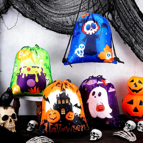 Miniatura 2 de Sanwuta 18 bolsas de cordón de Halloween a granel, bolsas de regalo de calabaza, golosinas, dulces, mochila con cordón, mochila de fantasma