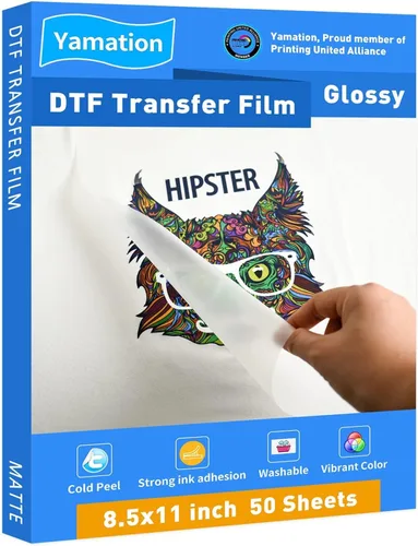 Yamation Película de transferencia DTF brillante: 8.5 "x 11" pulgadas 50 hojas de papel PET brillante claro frío pelar directamente a película de