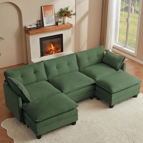 Miniatura 10 de Amsleekey Sofá Seccional Modular, 111.5" en Forma de U de Pana Cómodo Sofás Seccionales para Sala de Estar, Sofás Nube de 3 Plazas con 2 Otomanas