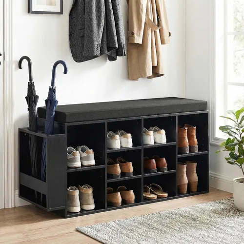 Tangkula Banco de almacenamiento de zapatos con soporte para paraguas, organizador de zapatos de 40 pulgadas con asiento acolchado, 10 cubos y Negro