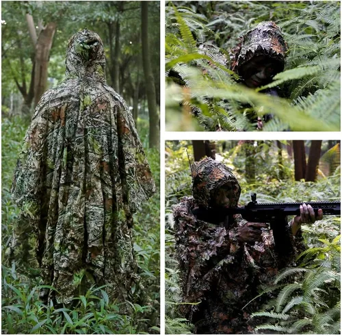 Miniatura 7 de Zicac Traje de Ghillie al aire libre 3d Leafy Camo Poncho para hombres caza pájaro reloj militar CS Woodland capucha camuflaje capa