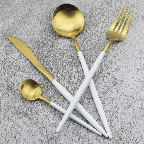 Miniatura 9 de Juego de cubiertos de oro mate, 5 piezas de acero inoxidable 18/10 con acabado satinado, servicio para 1, cuchara tenedor de cuchillo con pajitas