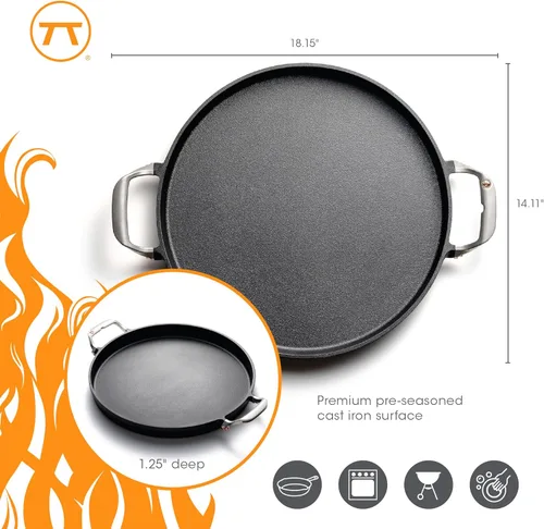 Miniatura 6 de Outset Paella para parrilla y bandeja para pizza profunda, sartén de hierro fundido con asas, 18.15 x 14.11 x 1.25 pulgadas