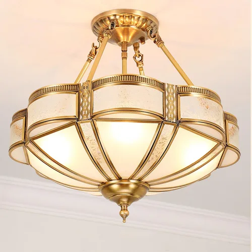 Miniatura 11 de Lámpara de techo de latón de 4 luces semiempotrada, candelabro dorado para comedor, lámpara de techo de vidrio esmerilado, luz empotrada moderna
