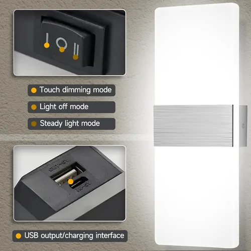Miniatura 4 de MEHIDFY Juego de 2 apliques de pared, lámpara de pared regulable con control táctil, apliques de pared LED recargables, luces de pared a