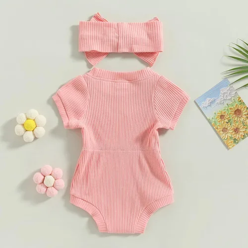 Miniatura 80 de Traje de verano para niña pequeña, de manga corta, acanalado, overol liso, pantalones cortos, ropa para recién nacidos