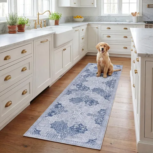 SAFAVIEH Tucson Collection - Alfombra lavable de 2 pies 6 pulgadas x 8 pies, gris y azul marino, antideslizante, ideal para zonas de alto tráfico en