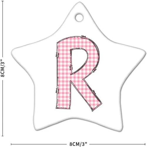Miniatura 4 de Adorno de cerámica con monograma de letras del alfabeto de búfalo rosa con forma de estrella, recuerdo colgante para boda, invierno, Año Nuevo