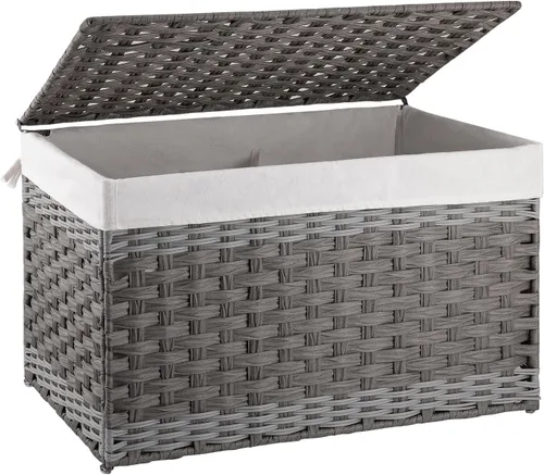 Miniatura 10 de OIAHOMY Cesta de almacenamiento con tapa, cesta de mantas de 42.3 galones (160L) con forro extraíble, cesta de mimbre sintético con asa, plegable