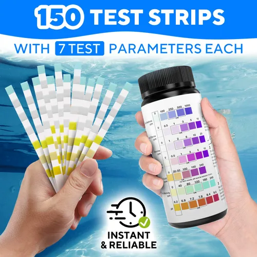 Miniatura 5 de Tiras de prueba 7 en 1 precisas para piscina, 150 tiras de prueba de spa para bañera de hidromasaje, kit de prueba rápida de agua de piscina, bromo