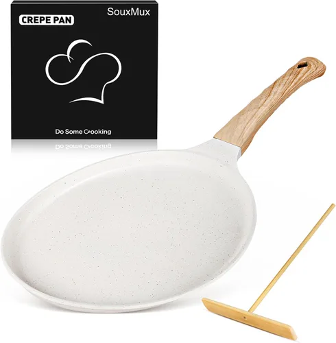 Miniatura 9 de SouxMux Sartén antiadherente para crepas de 8 pulgadas con esparcidor, sartén Dosa Tawa recubierta de cerámica, sartén plana compatible con Blanco