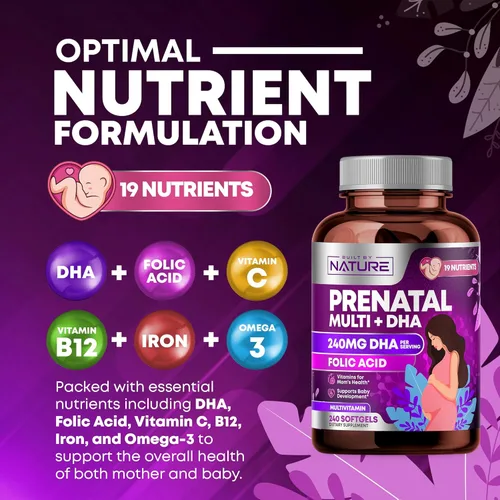 Miniatura 3 de Vitaminas prenatales para mujeres - Multivitamínico con DHA, ácido fólico, vitamina C, B12, hierro y Omega-3 - Suplemento antes, durante y después