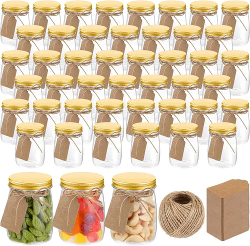Nitial Paquete de 50 tarros de plástico de 5 onzas con tapas, recipientes de yogur a granel con tapas, tarros de regalo con cordel de bricolaje y