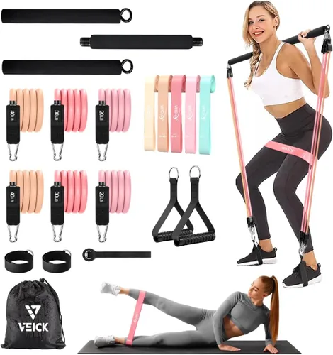 VEICK Pilates Bar Kit with Resistance Bands, Elastic Workout Bands for Men Women, Set of 5 Resistance Loop Bands for Home Fitness Stretching Rosa