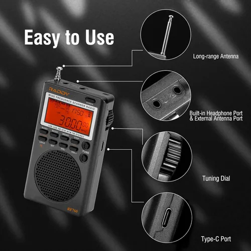 Miniatura 5 de Raddy RF760 Receptor de radio portátil SSB de onda corta con alerta NOAA, banda completa AM/FM/SW/CB/VHF/UHF/WX/AIR, funciona con pilas, radio