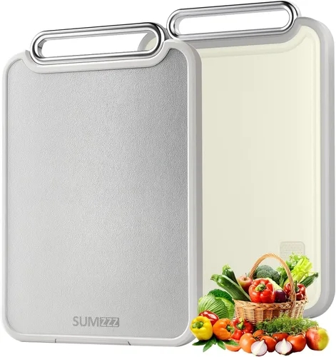 Sumzzz Tabla de cortar de acero inoxidable para cocina, tabla de cortar 2 en 1 de doble cara, apta para lavavajillas, acero inoxidable de grado