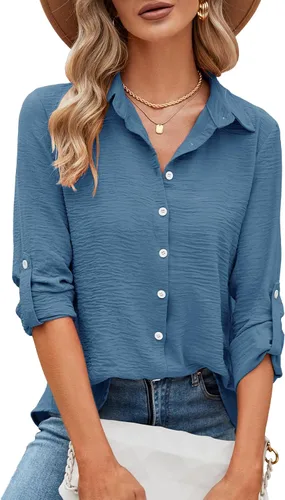 Miniatura 38 de Odosalii - Camisas con botones para mujer, con cuello en V, manga larga, enrolladas, blusas elegantes y formales para negocios y ocasiones casuales