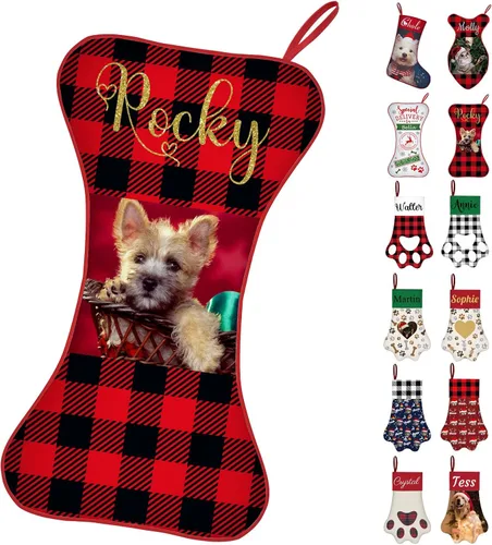 Calcetines de Navidad personalizados con foto de nombre, medias personalizadas en forma de hueso para perros, gatos, mascotas, medias de Navidad