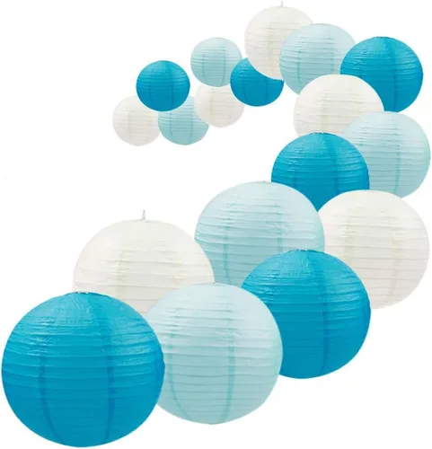 UNIQOOO Juego de 18 faroles de papel azul océano para decoración de fiesta de boda, suministros de decoración de faroles japoneses colgantes, fácil