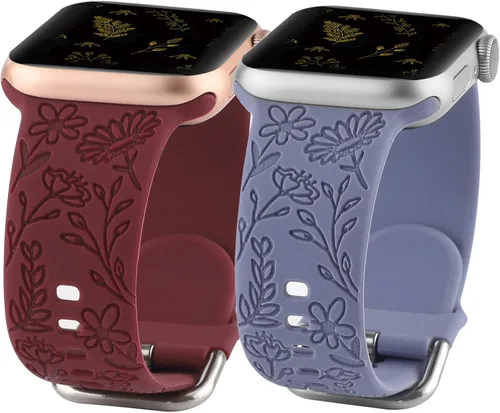 Miniatura 12 de Paquete de 2 correas deportivas grabadas con flores compatibles con correas de Apple Watch de 1.496 pulgadas, 1.575 pulgadas, 1.614 pulgadas