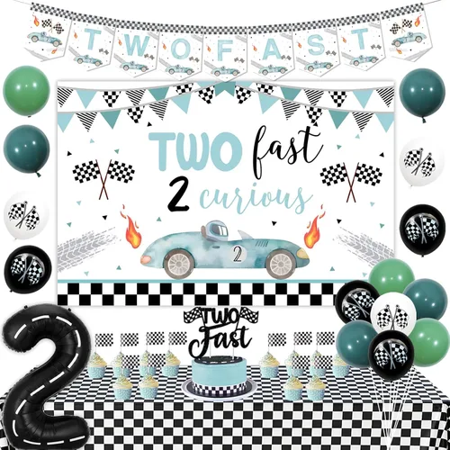 Two Fast 2 - Decoración curiosa para niños y niñas, decoración vintage de dos cumpleaños rápidos, telón de fondo, decoración de cupcakes, manteles a