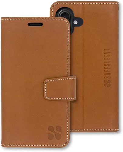 Miniatura 23 de SafeSleeve Funda de piel tipo cartera desmontable para iPhone 14 con bloqueador EMF para teléfono celular con 3 tarjeteros y soporte ajustable