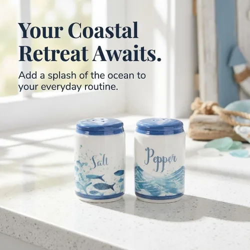 Miniatura 7 de Beachy Blue Fish & Ocean Waves - Salero y pimentero de cerámica Decoración funcional pintada a mano en azul y blanco costero para cocina y comedor