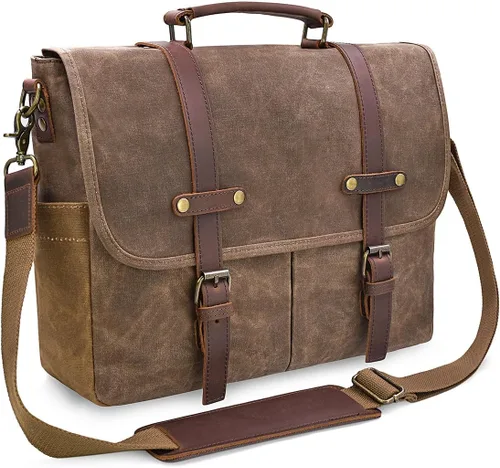 Bolso mensajero para hombre de 15.6 pulgadas, impermeable, de cuero auténtico, encerado, maletín de lona grande, bolso de hombro de cuero resistente