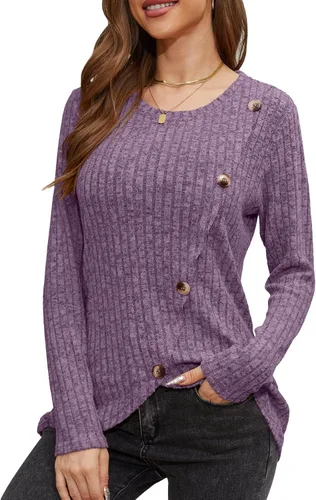 Miniatura 3 de DouBCQ Blusa casual de manga larga para mujer, con botones de moda, dobladillo lateral de tulipán
