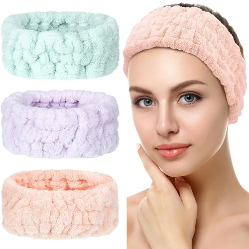 Miniatura 19 de Chuangdi 3 Piezas Diadema Elástica para Maquillaje, Yoga, Deportes, Ducha - Envoltura para la Cabeza para Mujeres y Niñas (Rojo, Azul, Morado)