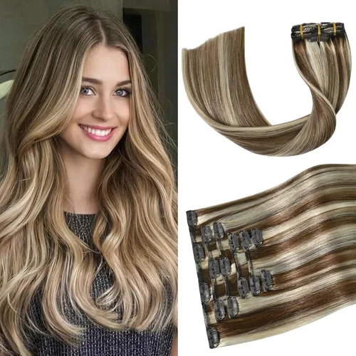 Miniatura 11 de Aison Extensiones de cabello humano real con clip, color marrón oscuro, 2.47 onzas, cabello humano Remy, 12 pulgadas, para mujeres, 7 unidades, 16