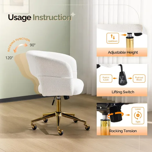 Miniatura 6 de VINGLI Silla Moderna Curvada de Oficina y Tocador, Bonita Silla Tapizada con Tachuelas con Ruedas y Giro de 360° y Inclinación y Base Dorada
