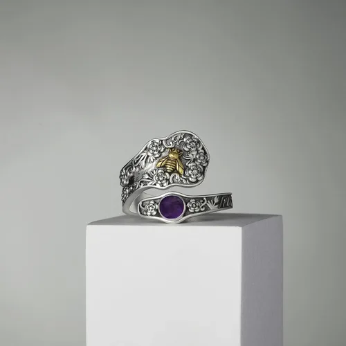 Miniatura 4 de Anillo de cuchara de plata de ley, anillos gruesos de abeja de oro para mujer, anillo de turquesa ajustable