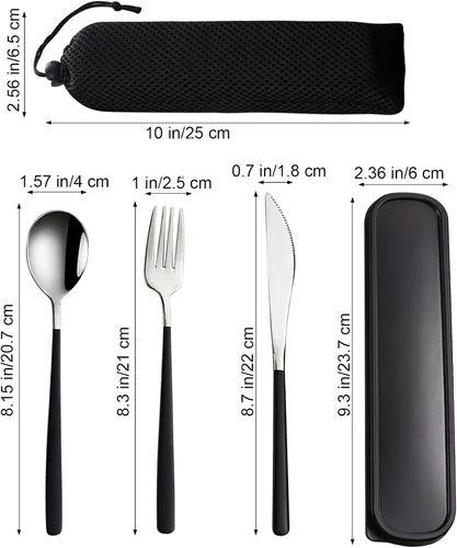 Miniatura 7 de VANRA Juego de utensilios de viaje portátiles de 3 piezas con estuche, juego de cubiertos de acero inoxidable 18/8, juego de cubiertos reutilizables