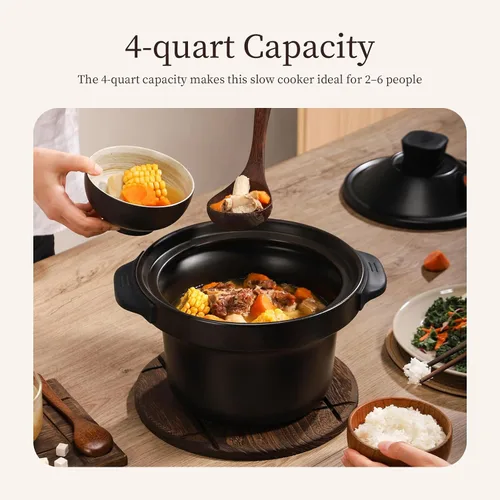 Miniatura 5 de Joydeem Olla eléctrica de 4 cuartos de galón, olla multifuncional de 500 W con interior de cerámica, sopa, gachas de avena, estofado, estofado