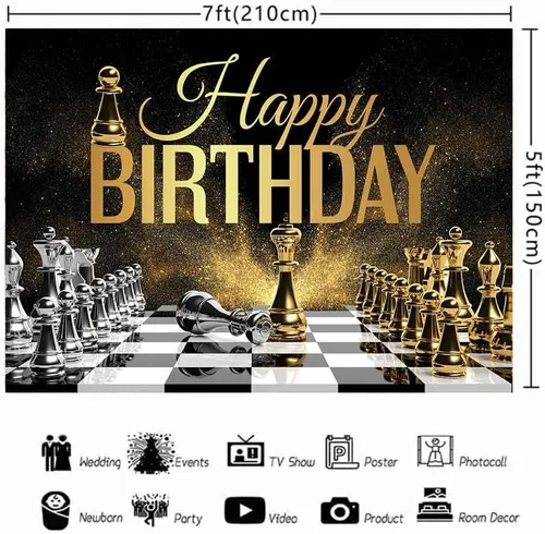 Miniatura 4 de Telón de fondo de fiesta de cumpleaños con temática de ajedrez dorado y plateado, concurso de fotografía de fondo para niños, decoración