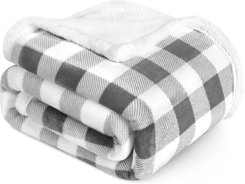 PAVILIA Manta Sherpa de Cuadros Buffalo Gris Claro para Sofá, Manta de Forro Polar Suave Gris Claro a Cuadros, Manta de Franela Suave y Mullida para