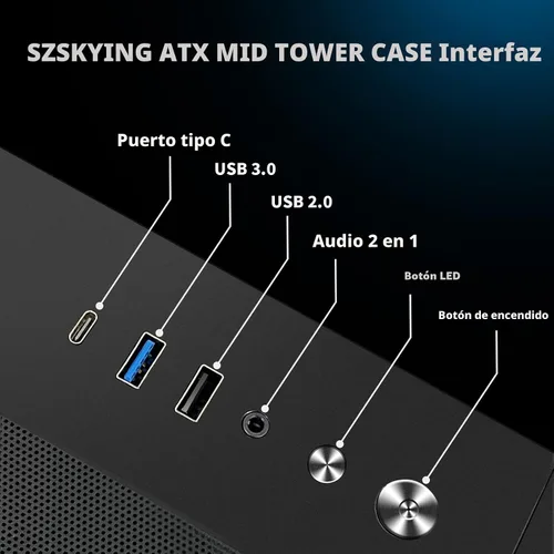 Miniatura 4 de SZSKYING Funda para PC ATX Mid-Tower Gaming con 9 ventiladores ARGB con control remoto, vidrio templado, radiador de 14.173 in, tipo C, negro.