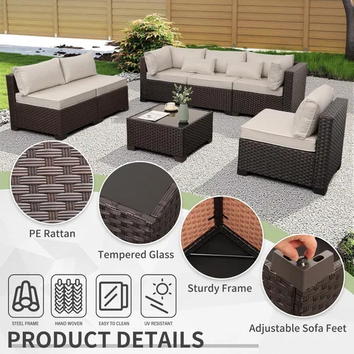 Miniatura 4 de WAROOM Juego de muebles de patio al aire libre, 7 piezas, sofá seccional de mimbre, sofá de conversación de ratán marrón con mesa auxiliar, cojín