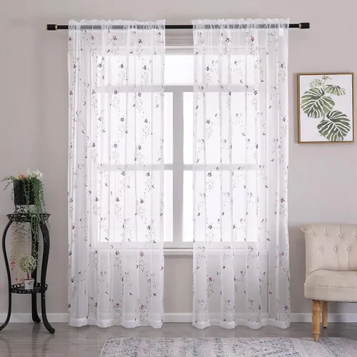 Miniatura 27 de Taisier Home Cortinas Traslúcidas Blancas Florales con Estampado de Flores y Bordado de Enredaderas para Dormitorio, Cortina con Bolsillo