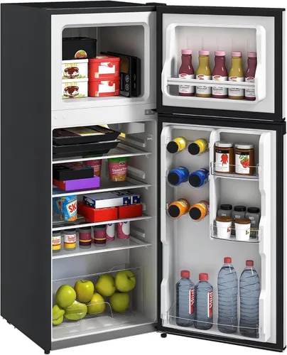 HOMCOM Mini refrigerador de 4 pies cúbicos con congelador, refrigerador compacto de doble puerta con termostato ajustable, estante y puerta