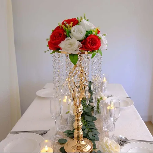 Miniatura 3 de 6 piezas 21.65 pulgadas Jarrones de flores dorados para boda, jarrones de metal con cristal para centros de mesa, jarrones de boda para decorar mesas