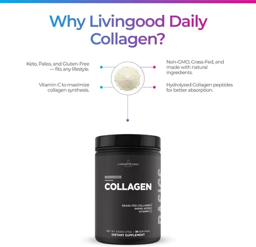 Miniatura 5 de Livingood Daily Polvo de colágeno sin sabor para mujeres y hombres, péptidos de colágeno hidrolizados en polvo con vitamina C, proteína con 20