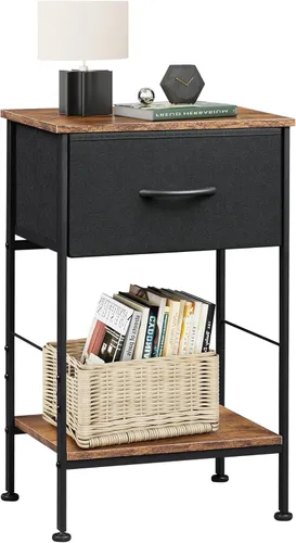 WLIVE Side Table, 2-Tier Bedside Table with 1 Storage Drawer, Nigntstand with Steel Frame, End Table for Bedroom, Living Room, Rustic Brown