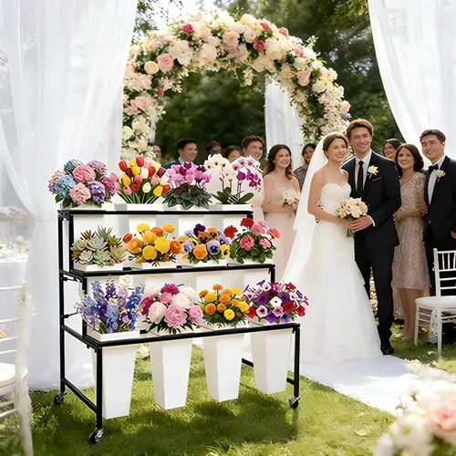 Miniatura 5 de Soporte de exhibición de flores de 3 niveles, soporte móvil de metal para plantas con 12 cubos, carrito de flores con ruedas, adecuado