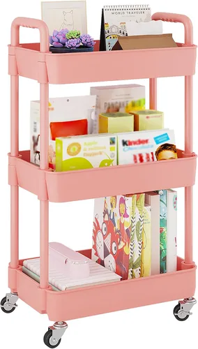 Miniatura 10 de UDEAR Carrito utilitario rodante de 3 niveles, estantes de almacenamiento multifuncionales con asa y ruedas con cerradura para habitación, oficina